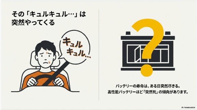 車のエンジンがかからず困っている男性のイラスト。「キュルキュル」という音と共にバッテリーの寿命が突然尽きることを警告するスライド。