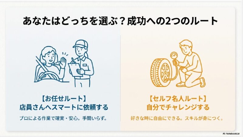 ガソリンスタンドでの空気圧点検における「店員にお任せルート」と「自分でやるセルフ名人ルート」の比較図解