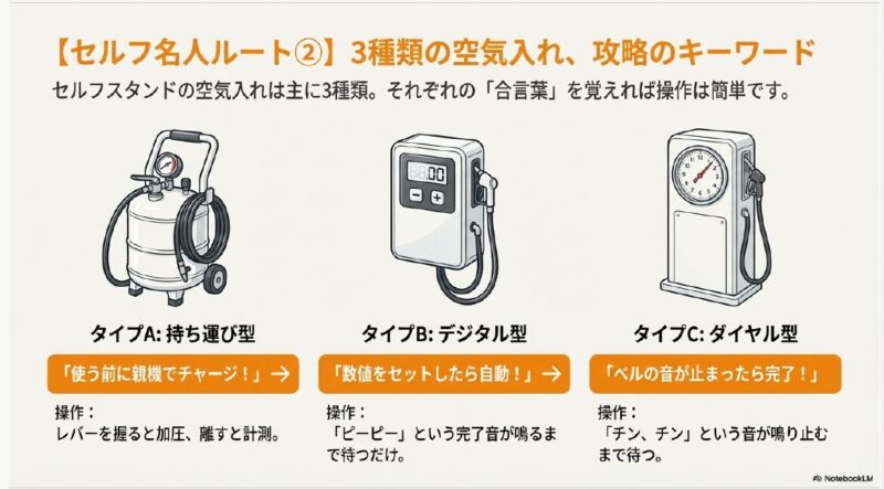 ガソリンスタンドにある3種類の空気入れ（持ち運び型、デジタル型、ダイヤル型）の特徴と操作の合言葉