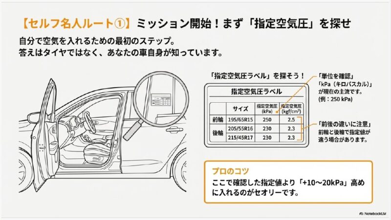 自動車の運転席ドア付近にある指定空気圧ラベルの場所と、数値・単位（kPa）の見方を解説した図
