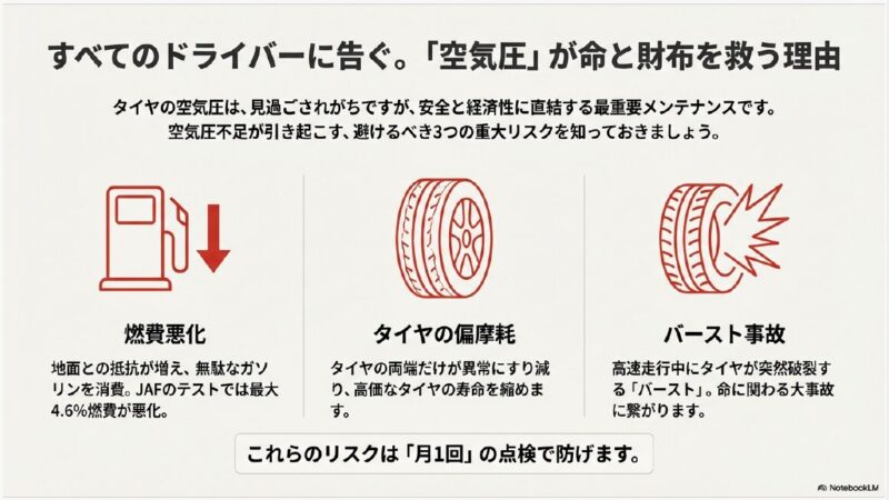 タイヤの空気圧不足が引き起こす3つのリスク（燃費悪化、偏摩耗、バースト事故）の解説図