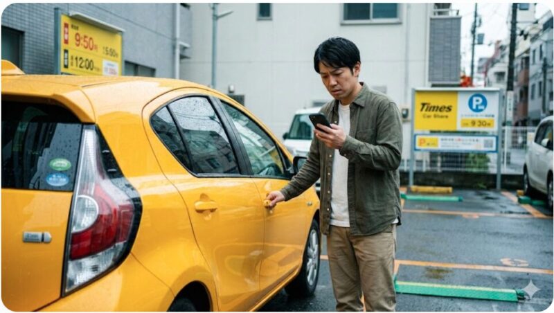 タイムズカーシェアのステーションで予約時間の前にスマホを確認し、解錠できるか不安そうな表情の日本人男性