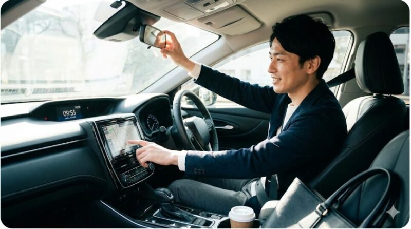 カーシェアの予約開始前の無料時間を利用して、ルームミラーの調整やカーナビ設定を行う日本人男性ドライバー