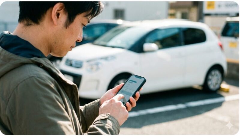 スマートフォンのアプリを操作してカーシェアの予約時間を変更し、すぐに利用開始しようとしている日本人男性
