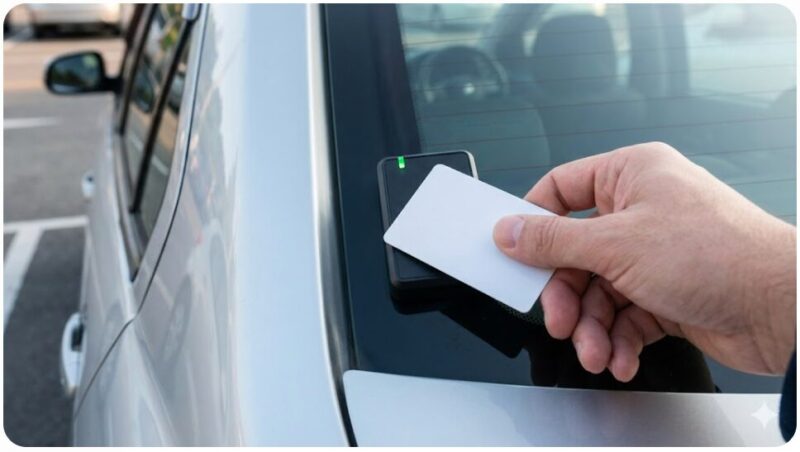 カーシェア車両のカードリーダーにICカードをかざして確実に解錠する様子