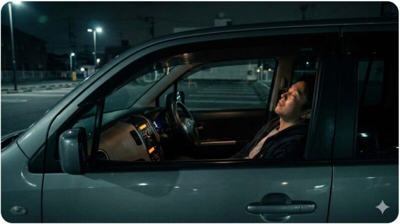 カーシェアの車内でシートを倒して仮眠を取っている日本人男性(車中泊やアイドリングへの警告イメージ)