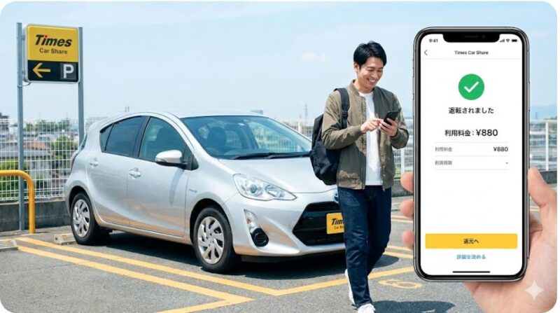 カーシェア車両を早期返却し、スマホで確定料金を見て安さに満足して立ち去る日本人男性