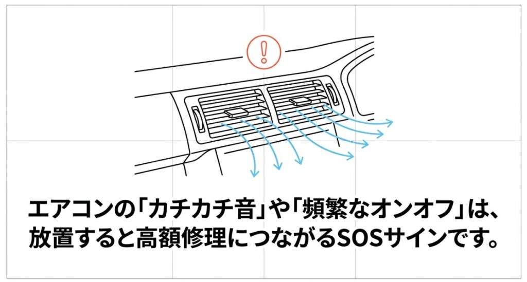 エアコンの「カチカチ音」や「頻繁なオンオフ」は、放置すると高額修理につながるSOSサインであることを示す図解