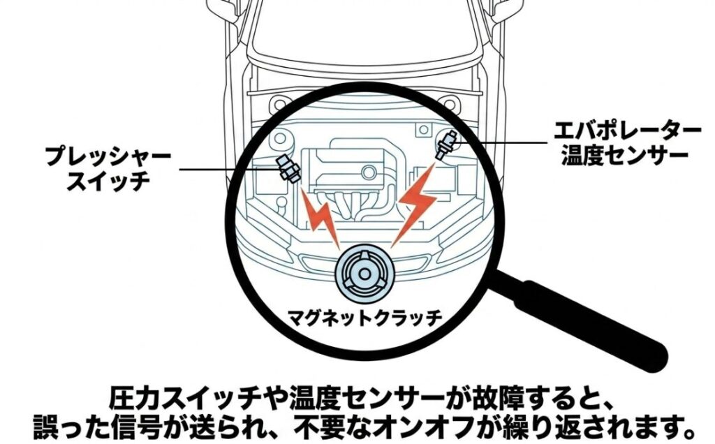 プレッシャースイッチやエバポレーター温度センサーが故障すると誤った信号が送られ、不要なオンオフが繰り返されることを示す図