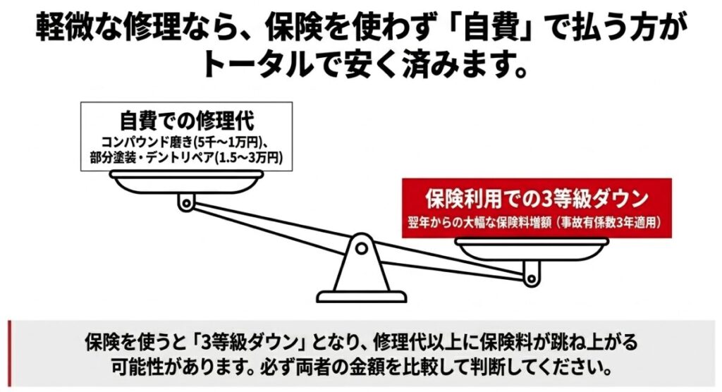 軽微な修理における自費負担と保険利用（3等級ダウン）のコスト比較天秤