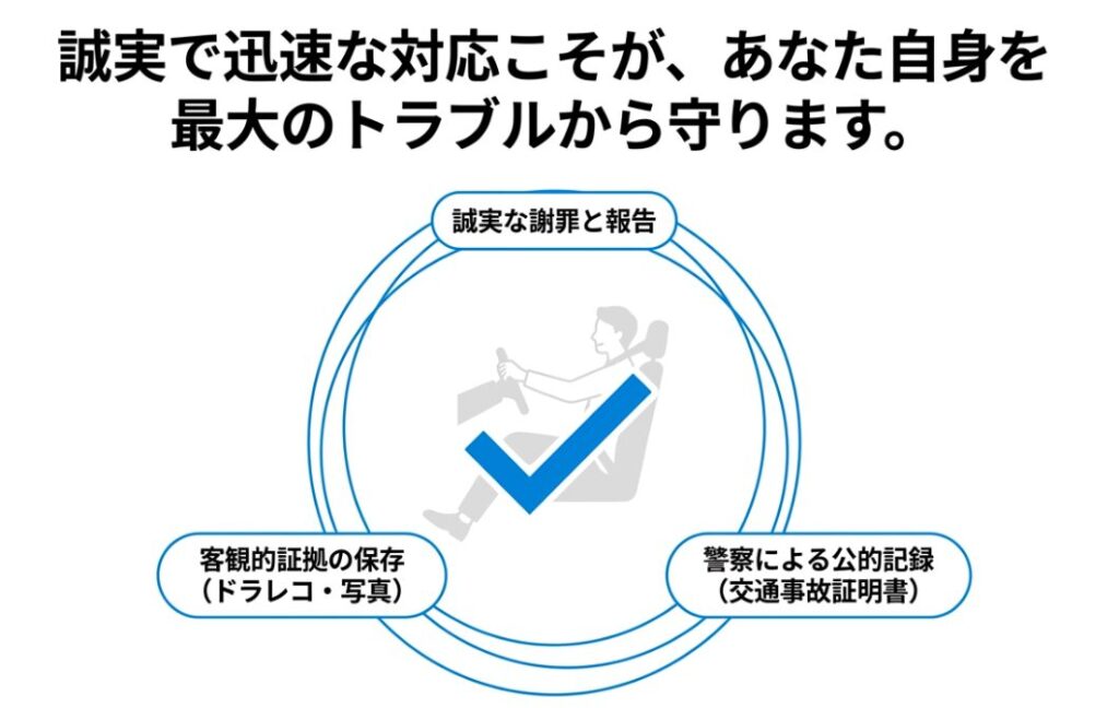 誠実な謝罪と報告、証拠保存、警察の記録がトラブルを防ぐことを示す図