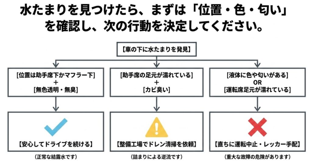 車の下に水たまりを発見した際、水の位置・色・匂いを確認して「そのままドライブする」「整備工場に依頼する」「直ちにレッカー手配する」などの適切な行動を決定するためのフローチャート