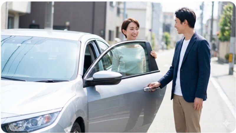 ドライブデートで男性が女性のために車の助手席のドアを開けてエスコートしている様子。脈ありサインの一つである紳士的な行動