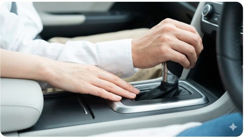 車のセンターコンソールで、シフトレバーを握る男性の手のすぐ近くに女性の手が置かれているクローズアップ写真。付き合う前のドライブデートにおける微妙な距離感とスキンシップの境界線を表現している。