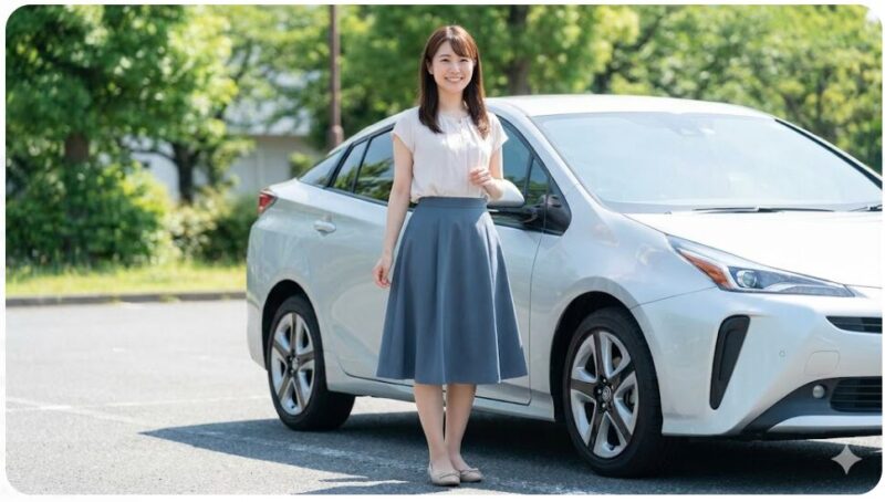ドライブデートに適した服装の日本人女性の全身写真。膝丈のフレアスカートと歩きやすいフラットシューズを着用し、車の横で笑顔で立っている。