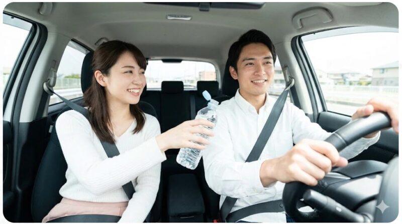 車内で助手席の女性が、運転中の男性に蓋を開けたペットボトルの水を笑顔で渡している様子。ドライブデートでの気の利いた行動の一つ