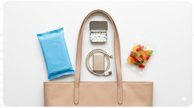 女性のバッグとその中身を整理して並べた写真。ウェットティッシュ、ミントタブレット、充電ケーブルとバッテリー、小袋のお菓子など、ドライブデートで気が利くとされるアイテム一式。