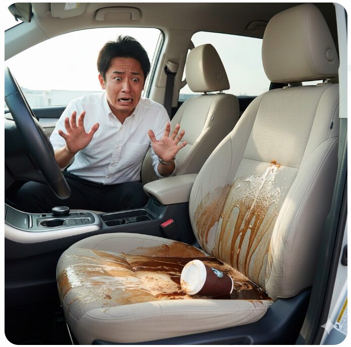 大量のコーヒーがこぼれた車のシートを、焦った表情の日本人が見つめている緊急事態のイメージ
