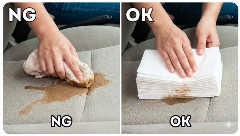 車のシートにコーヒーをこぼした際の正しい応急処置（吸い取り）と誤った処置（擦り洗い）の比較写真