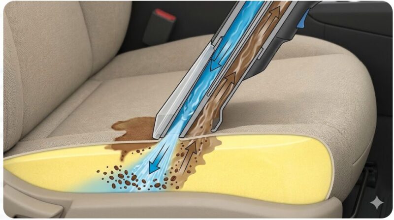 リンサークリーナーが車のシート内部の汚れを水で浮かせ吸引する仕組みを示した断面図