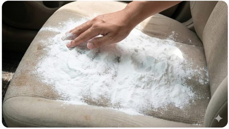 車のファブリックシートに消臭のための重曹粉末をたっぷりと撒き、手で広げている様子。