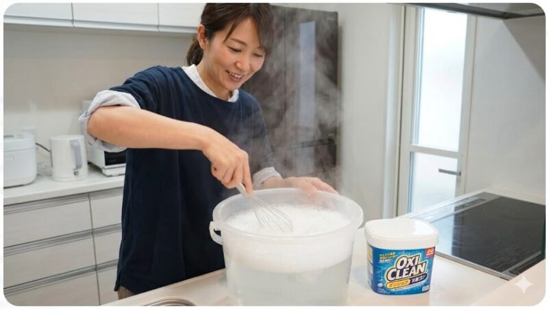 日本人女性が、湯気の立つお湯でオキシクリーンを泡立て器を使って溶かし、洗浄液を作っている様子