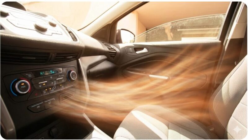 車のエアコンを暖房・最大風量にし、窓を少し開けて車内を乾燥させている様子。足元から温風が出ている。