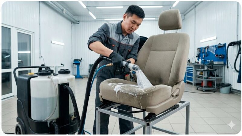 プロのクリーニング業者が、車から取り外したシートを専用の大型洗浄機を使って丸洗いしている様子。