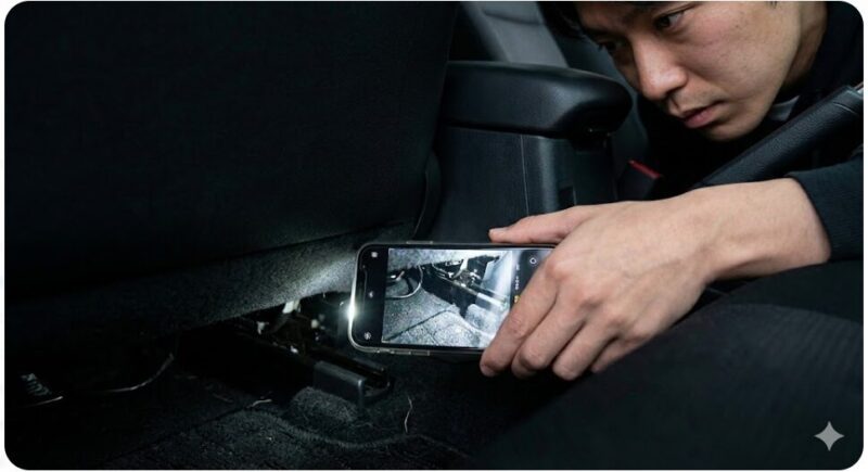 スマートフォンのビデオモードとライトを使って、車のシートとセンターコンソールの間の暗い隙間を探索する様子。