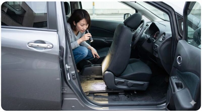 運転席を前方にスライドさせ、背もたれを倒した状態で、後部座席からシート下を覗き込む日本人女性。