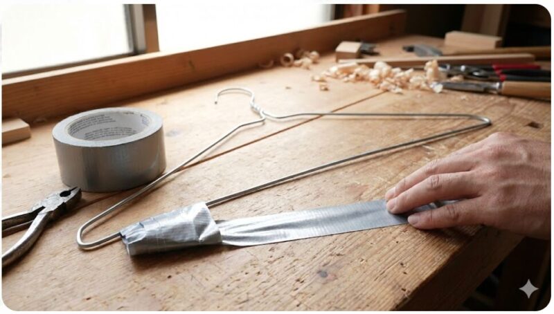 針金ハンガーと粘着テープで自作した、隙間用回収ツール「粘着ロッド」の完成品と材料。