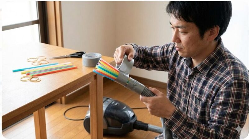 掃除機のホースにストローの束をガムテープで固定し、自作のストローバキュームノズルを作成する日本人男性。