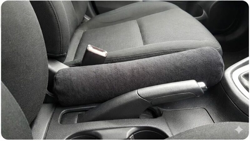 車のシートとセンターコンソールの隙間に装着された、シートベルトバックルを通す穴付きの黒い隙間埋めクッション