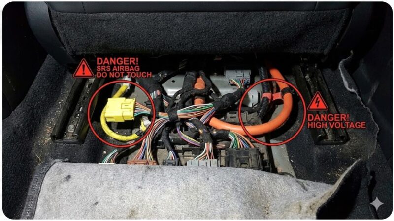 車のシート下にある複雑な配線。エアバッグシステムを示す黄色のコネクターと、高電圧を示すオレンジ色のケーブルが警告表示とともに強調されている。