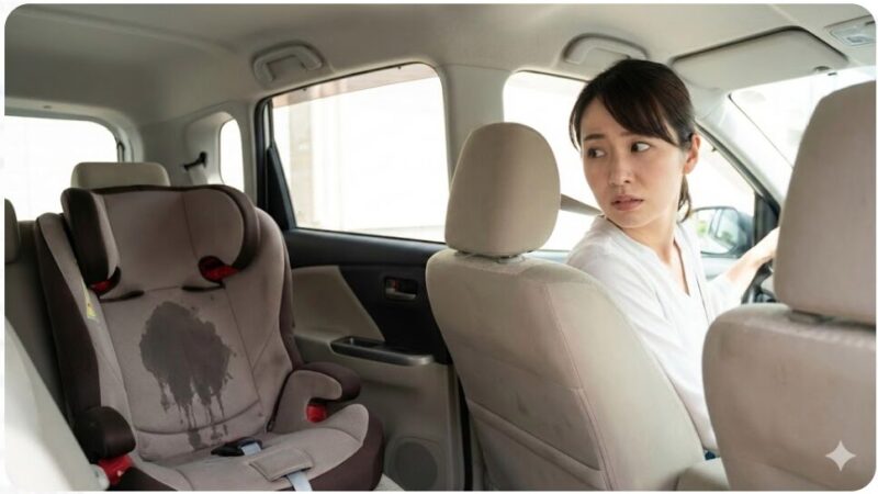 後部座席のチャイルドシートの汚れを見て困った表情を浮かべる日本人女性ドライバー