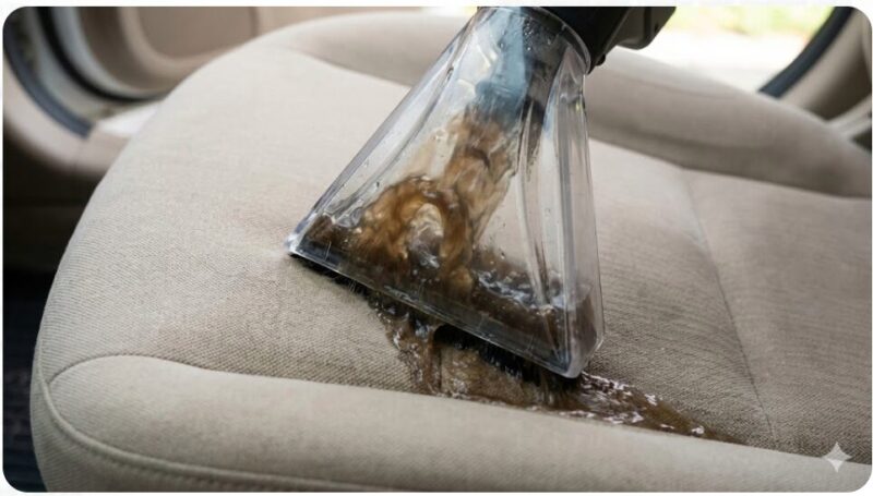 リンサークリーナーの透明なヘッドで車のシートから茶色い汚れ水を吸引している拡大写真