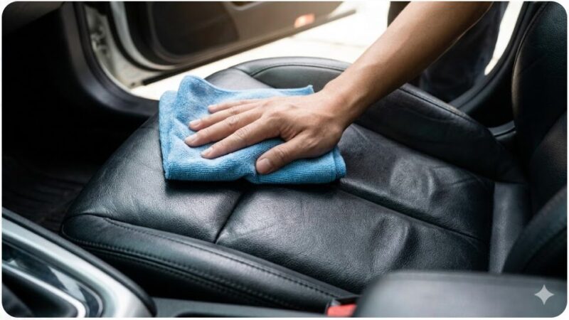 黒色の本革カーシートをマイクロファイバークロスで優しく拭き上げているメンテナンスの様子