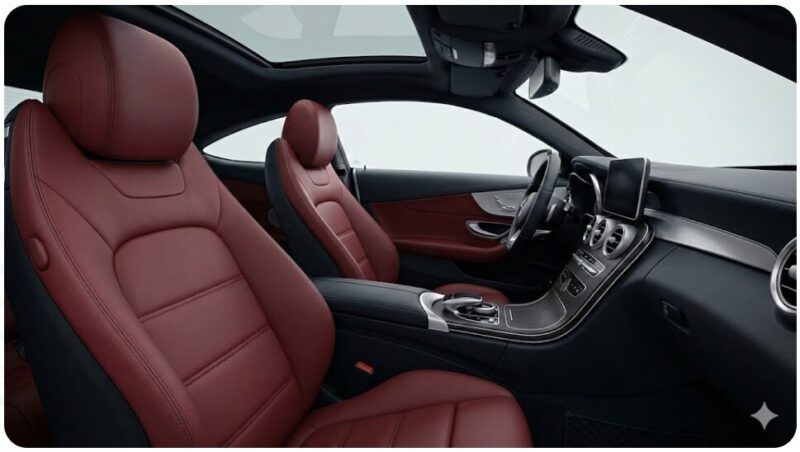 現代の高級車における洗練された深みのある赤革シートの内装。黒と木目調のトリムとのコントラストが美しく、ダサいイメージとは無縁の上質な空間。