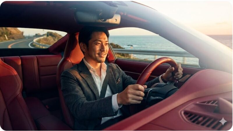 赤い本革シートのスポーツカーを運転し、高揚感と運転への集中を楽しんでいる日本人男性ドライバーの様子。色彩心理学的なプラス効果を表現。