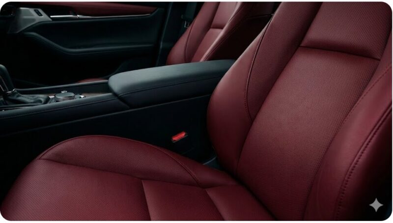 マツダのバーガンディやレクサスのダークローズを思わせる、深みのある落ち着いた赤色本革シートのクローズアップ。高級感のある質感とステッチ。