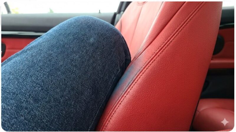 赤い本革シートに濃い色のデニムジーンズが接触しているクローズアップ画像。摩擦による色移り(Dye Transfer)のリスクを視覚的に警告。