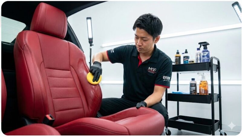 専門業者が赤い革シートにレザーコーティングを丁寧に施工している様子。色移りや劣化を防ぐための予防メンテナンスの重要性を示唆。