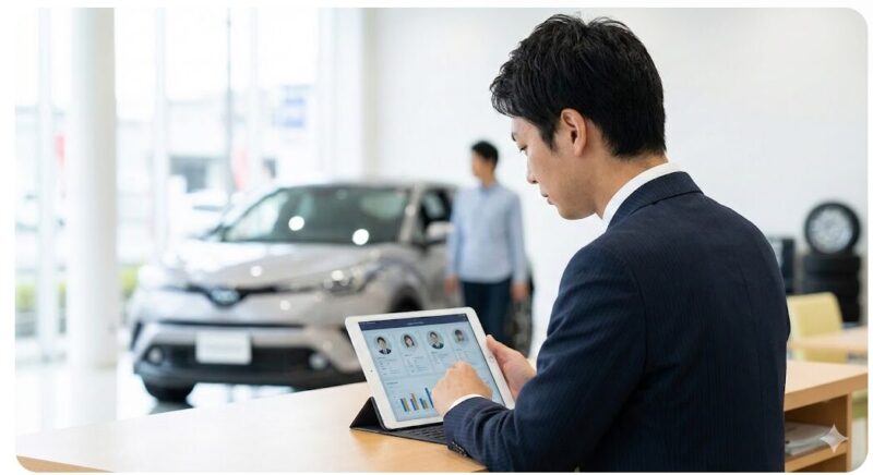 ショールームでタブレットを見ながら顧客情報を分析しランク付けを行う日本人ディーラー営業マンの様子