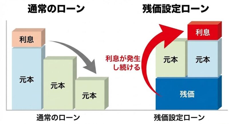 残価設定ローンにおいて据え置かれた残価部分にも金利が発生し続ける仕組みを解説した図解