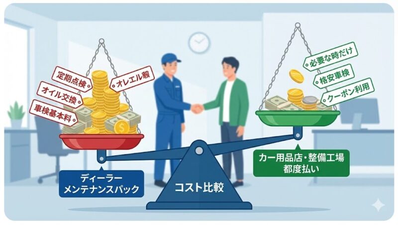 ディーラーのメンテナンスパック料金とカー用品店や整備工場の都度払い料金を比較したコスト天秤図