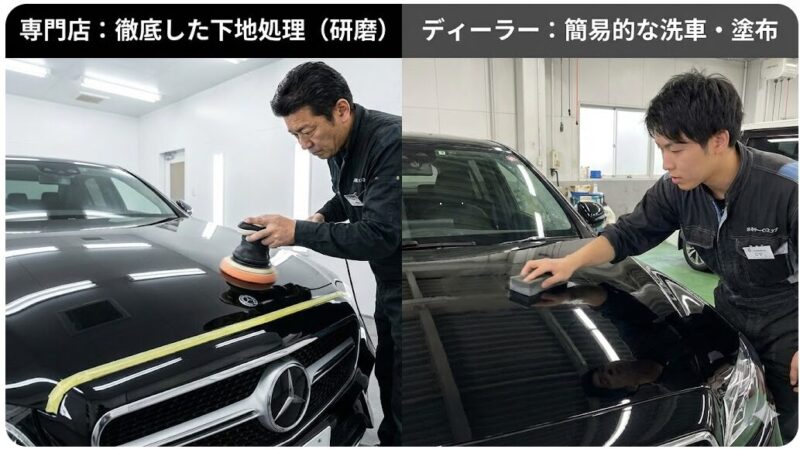 専門店の本格的な下地処理を行うコーティング施工とディーラーの簡易的な施工の違いを示すイメージ