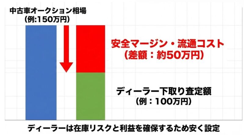 ディーラーの下取り査定額と中古車オークション相場の価格差(マージン)を可視化したグラフ