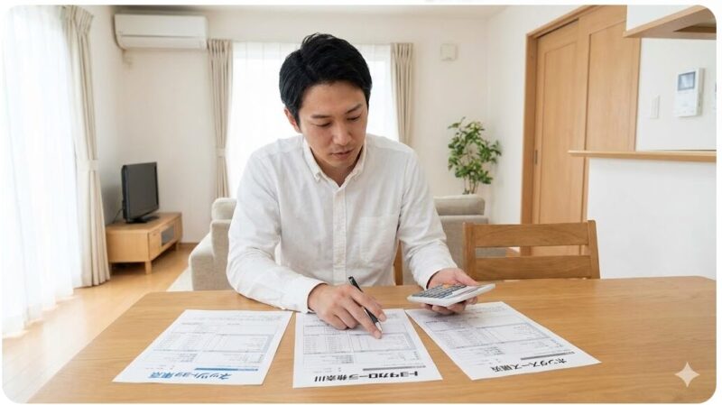 経営資本の異なる複数のディーラーから取得した見積書を並べて比較検討している日本人の様子