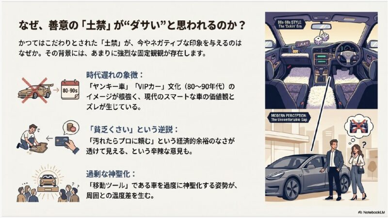 80年代から90年代のムートンマットを敷いた改造車のイラストと、それを見て困惑する現代の人々。土禁が時代遅れやヤンキー車、貧乏くさいと思われる背景の解説