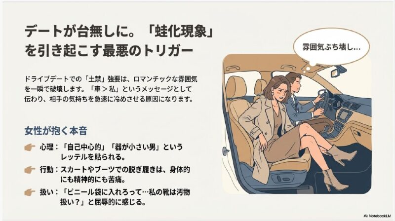 ドライブデートで靴を脱ぐよう指示され、不快感を露わにする女性のイラスト。土禁がロマンチックな雰囲気を壊し、自己中心的で器が小さいと思われる心理的メカニズム